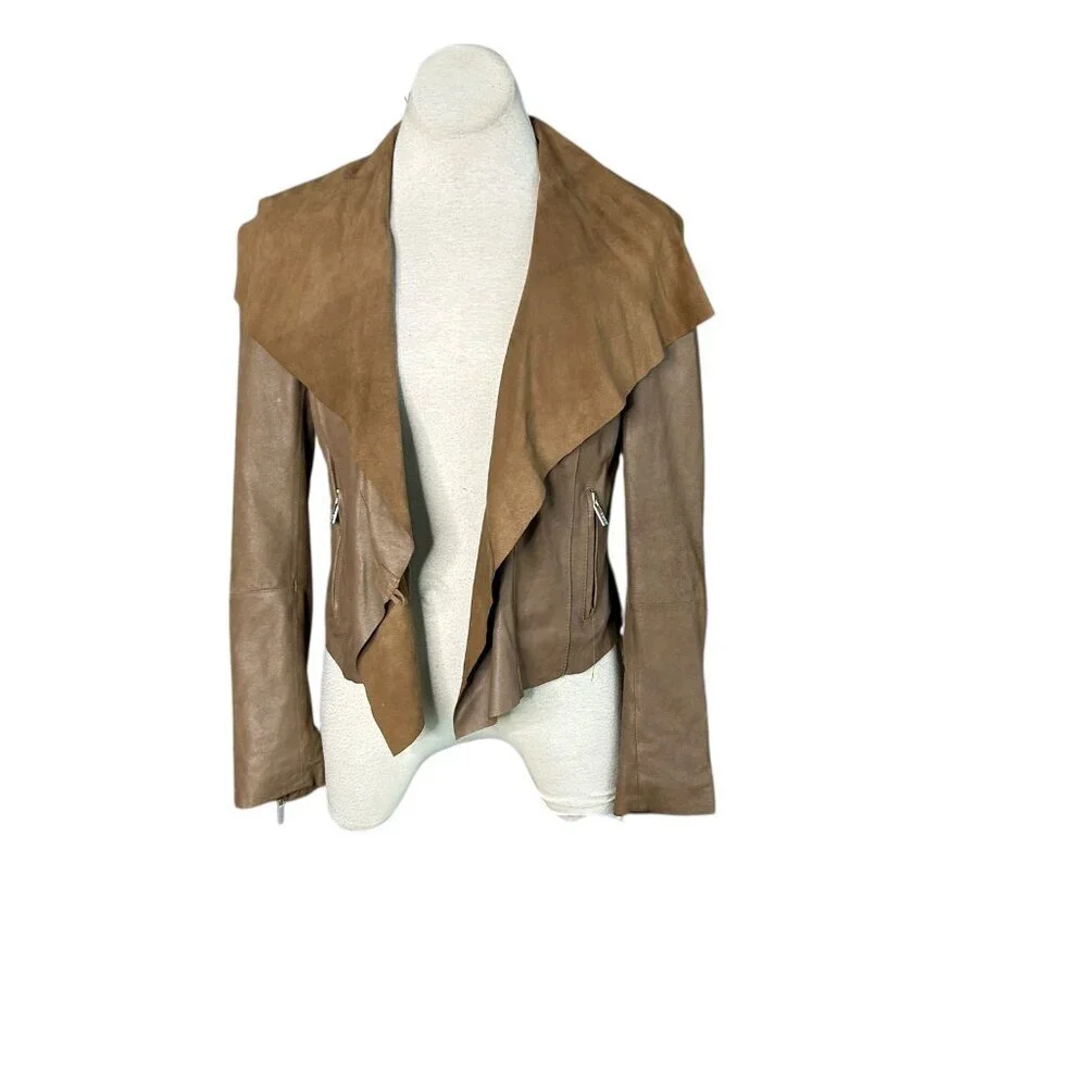 Kors Michael Kors Brown Leather Jacket Suede Moto Waterfall Y2K Designer Medium
